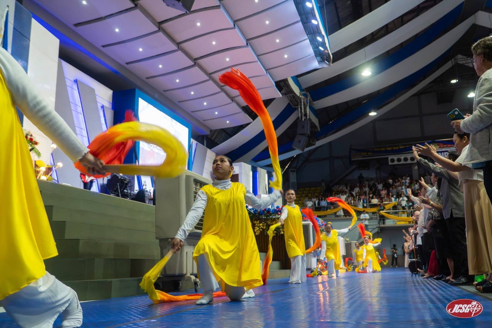 Worship dancers with flowing ribbons during an anniversary celebration